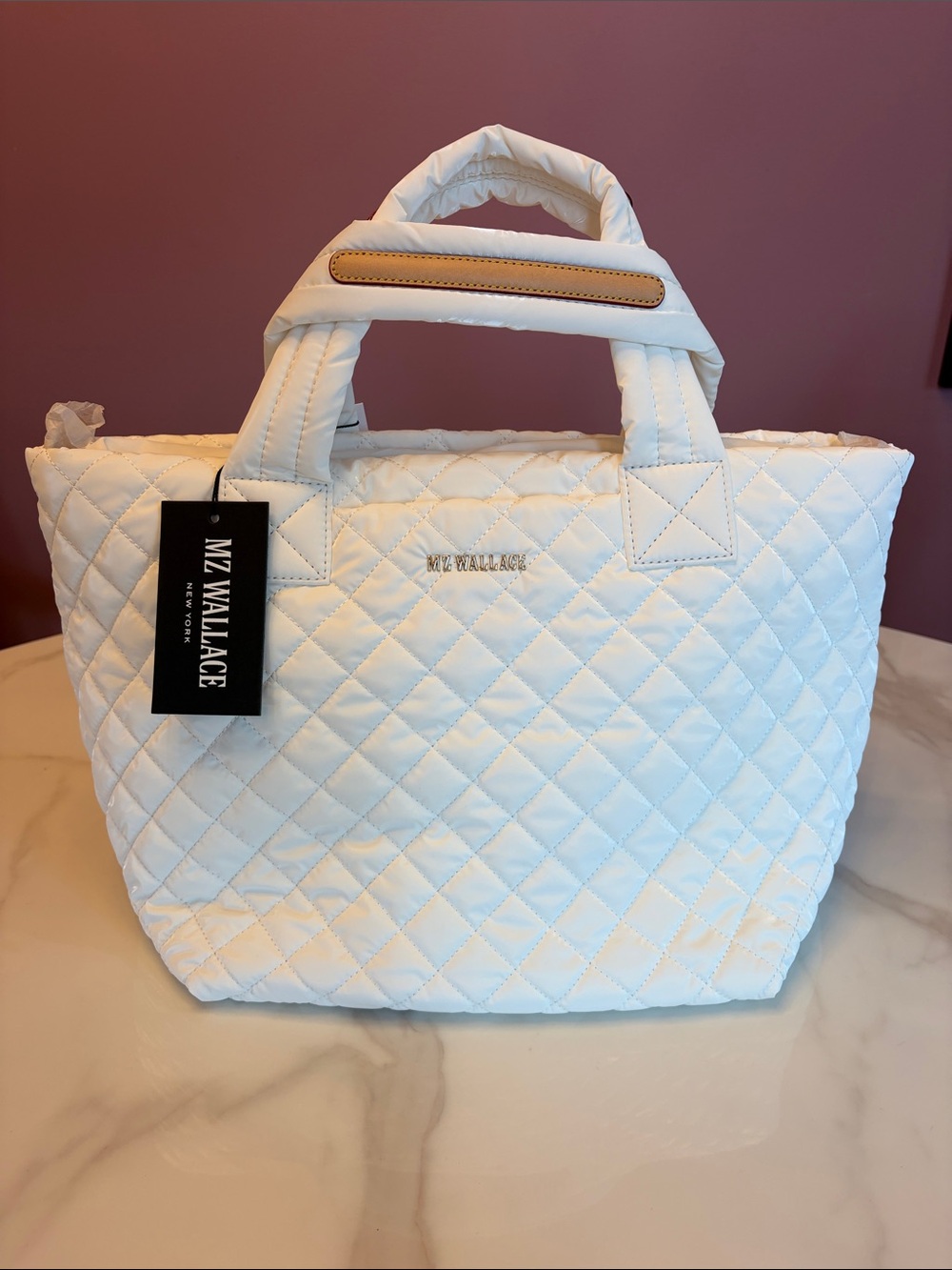 MZ Wallace Quilted Small Tote in White with Tan Handle Accent